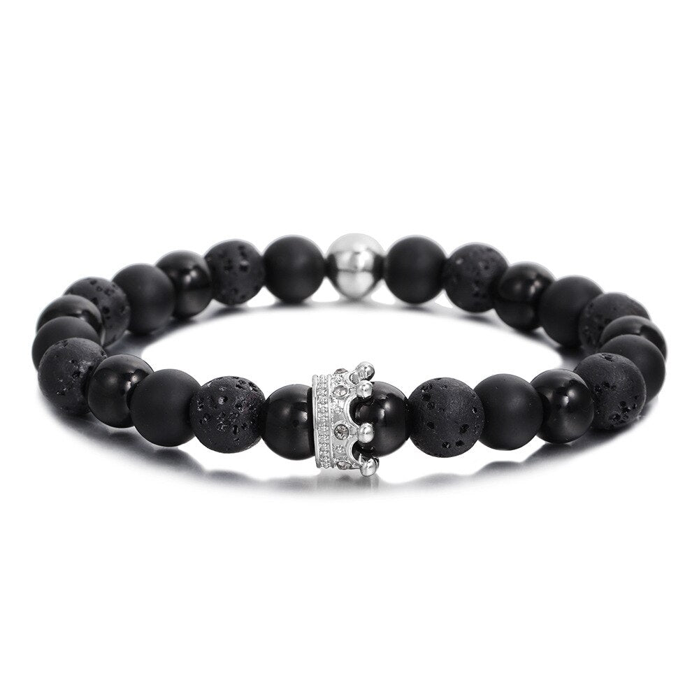 Couronne pulseras para parejas Bracelet en pierre blanche noire