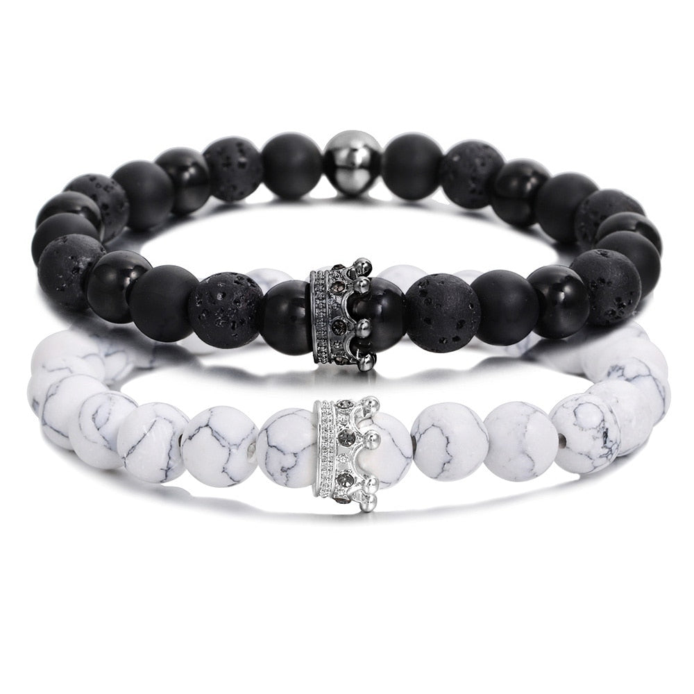 Couronne pulseras para parejas Bracelet en pierre blanche noire