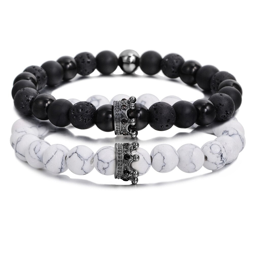 Couronne pulseras para parejas Bracelet en pierre blanche noire