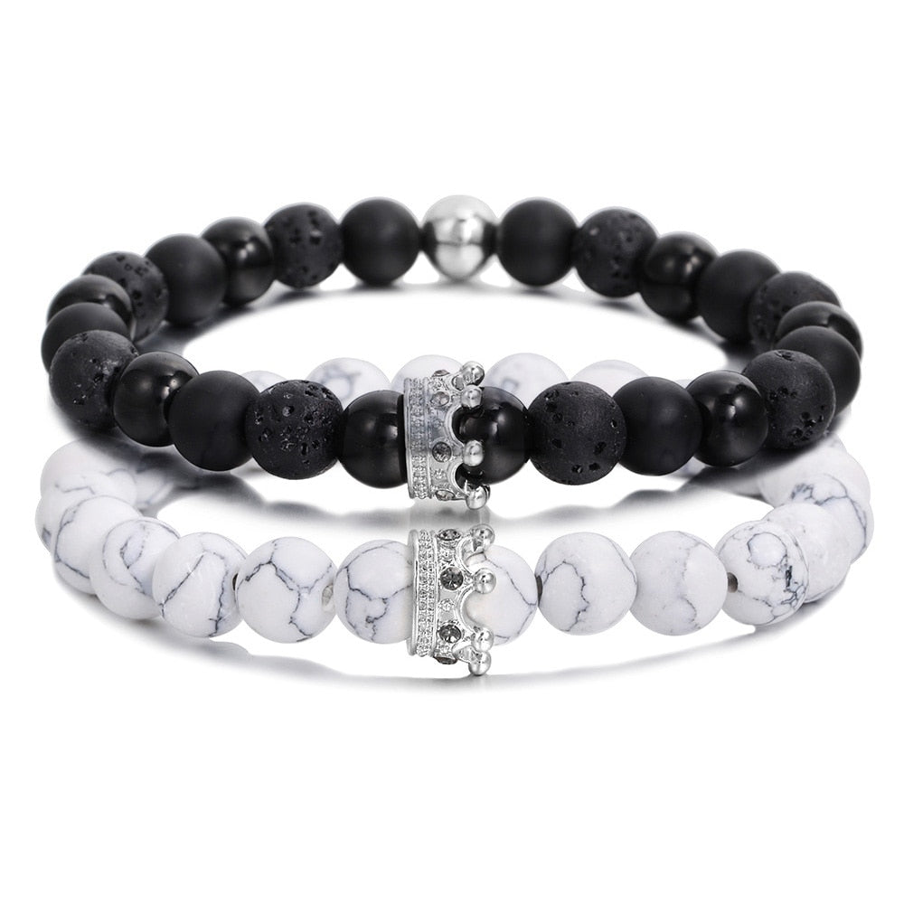 Couronne pulseras para parejas Bracelet en pierre blanche noire